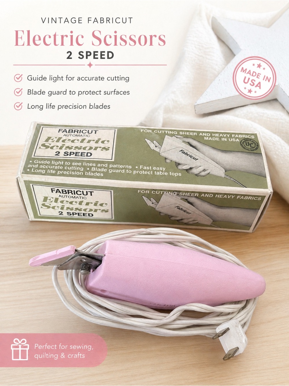 Vintage Fabricut Electric Scissors 2-Speed Pink w/ Box Endura USA Sewing Cutter